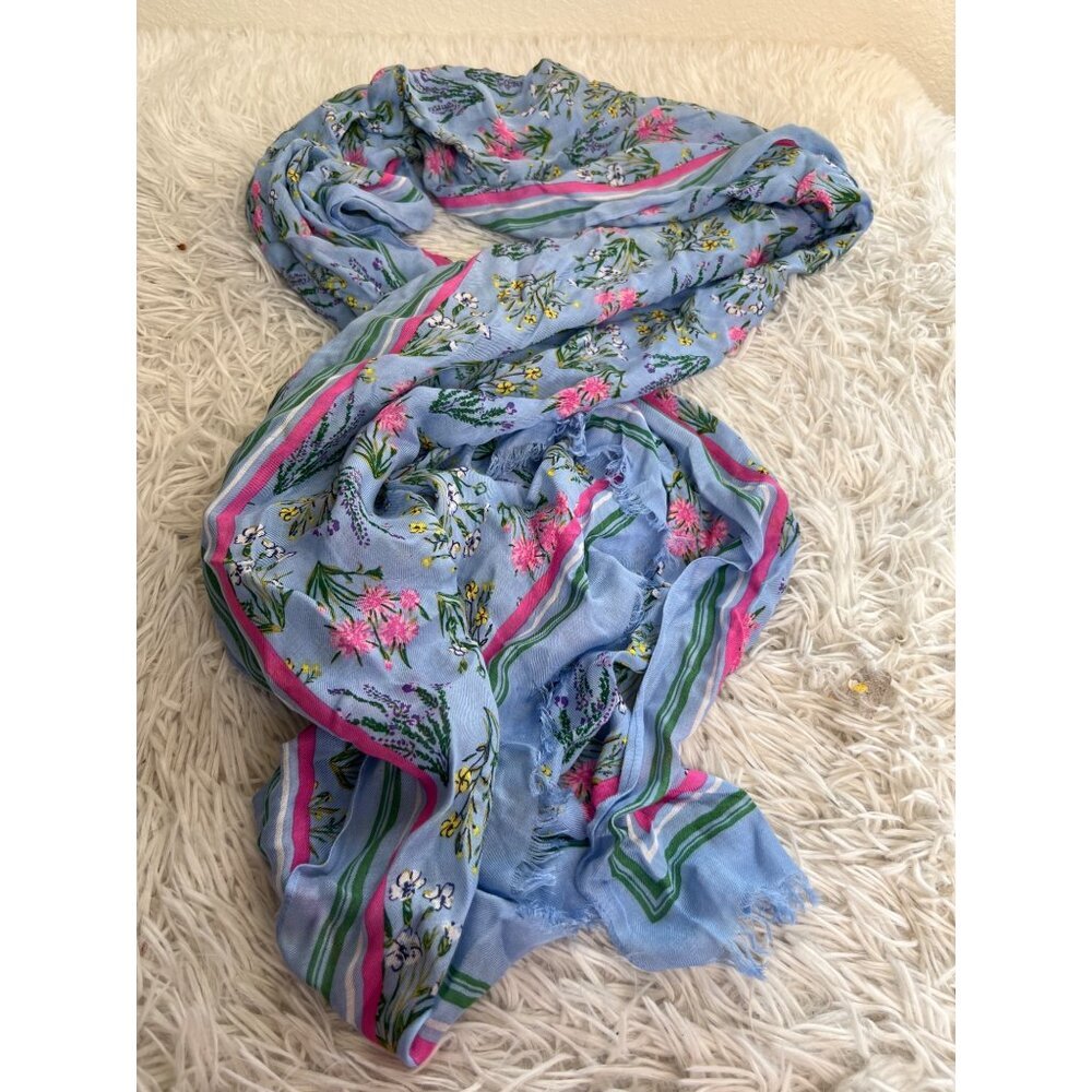 LOFT New Scarf Floral Pink Trim Blue Meadow Flowers